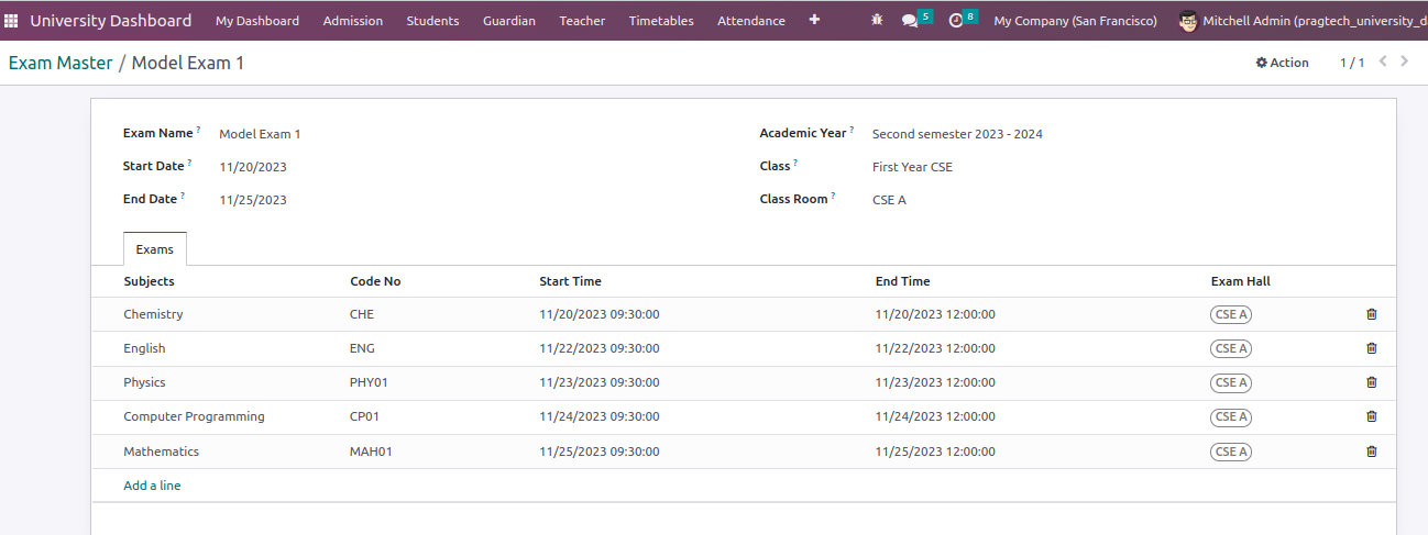 screenshot of exam management in odoo university management software